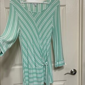 Notations Mint and White Striped Tunic or Mini Dress with Tie around Drop-Waist